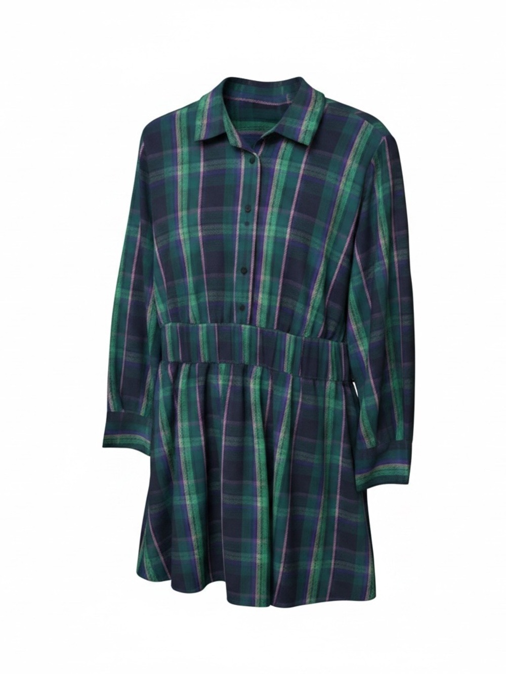 Free Assembly Plaid Long-Sleeve Shirt Dress in Green and Navy